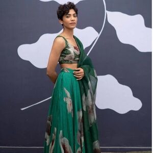 Green Printed White Poppies Lehenga